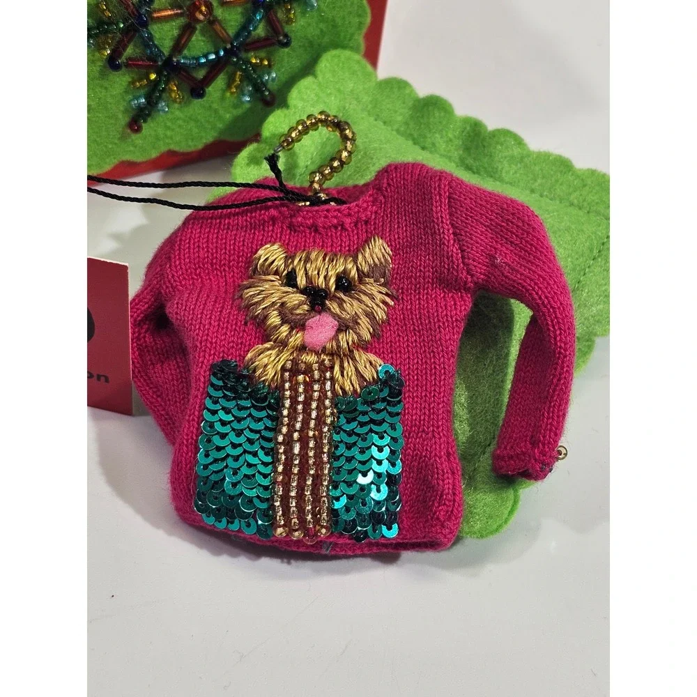 Michael Simon Dog Sweater Christmas Ornament Pink Sequin Beaded Miniature NIB